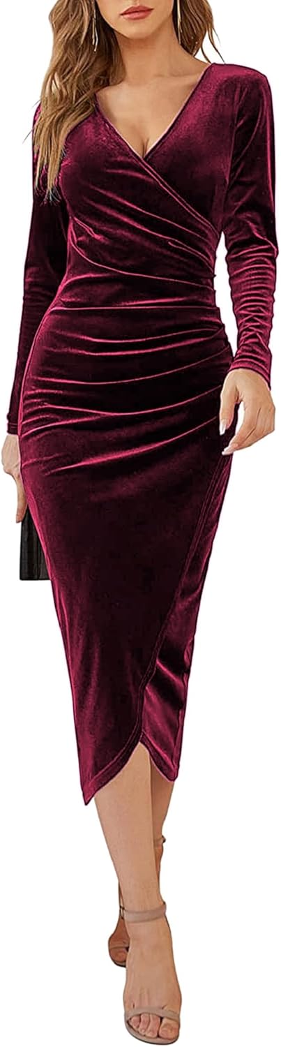 Yutdeng Kleid Lang Damen Elegant Partykleid Samt V Ausschnitt Cocktailkleid Abendkleid Bodycon Kleid