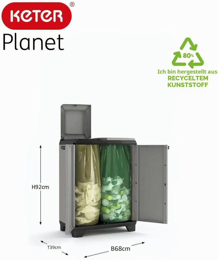 Keter Planet Mülltrennung, recycelter Kunststoff, Grau/Schwarz, Mülltrennung, 680 x 390 x 920 mm
