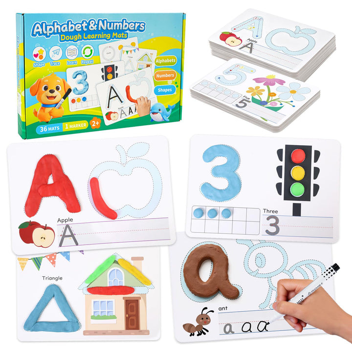 VBACALA Alphabet- und Zahlen-Knete für Kinder ab 3 Jahren – doppelseitig ABC-Karten mit Formen, Lern