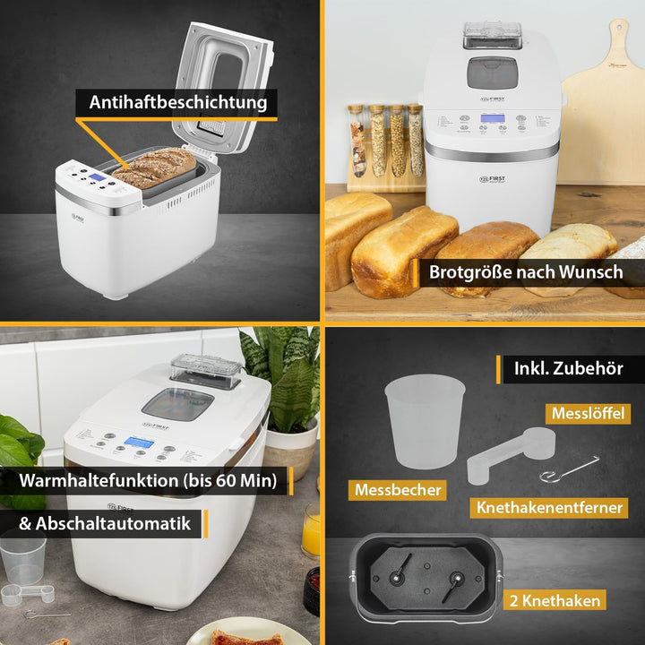 TZS First Austria Multifunktionaler Brotbackautomat | 14 Programme | Zutatenspender | Teigmenge 900g