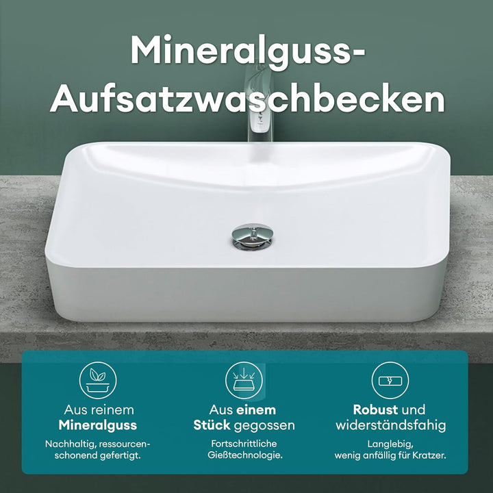 Mai & Mai Waschbecken Aufsatzwaschbecken aus Mineralguss Waschschale Waschtisch Weiss inkl. Standard