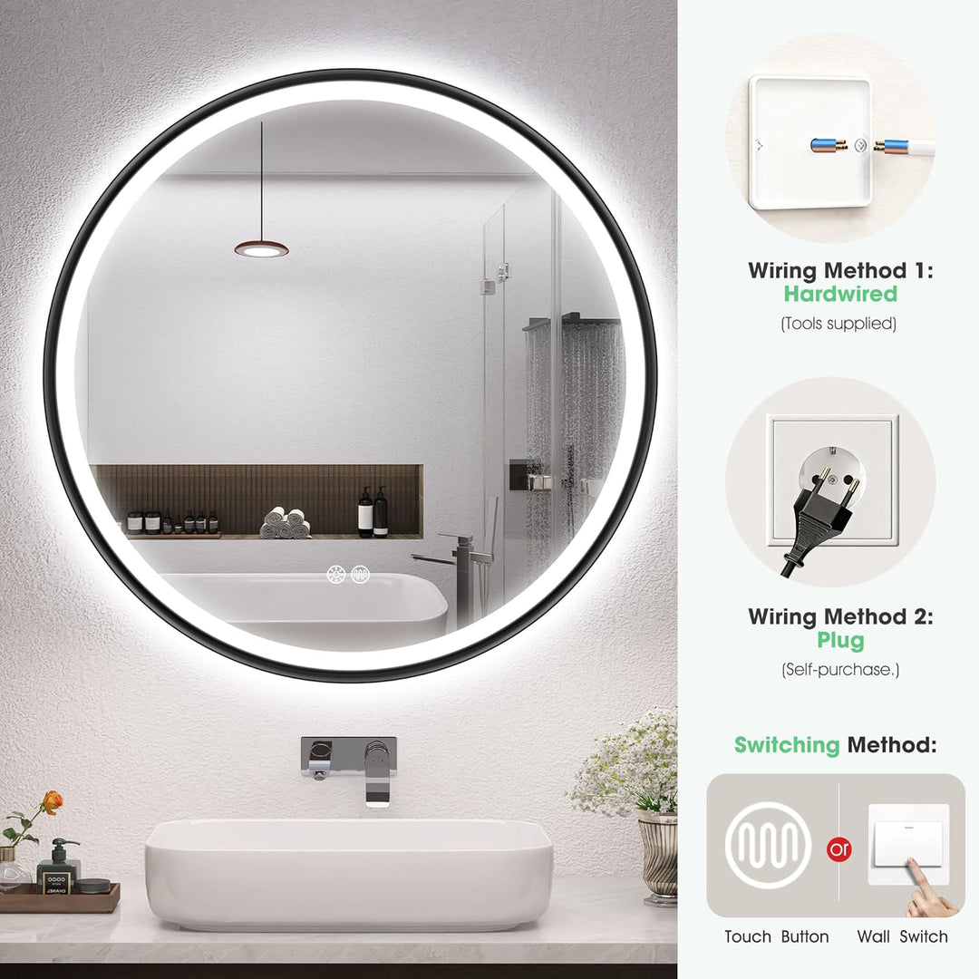 S'bagno Badspiegel mit Beleuchtung 80cm, Spiegel Rund mit Beleuchtung mit Aluminiumrahmen, Entfoggen