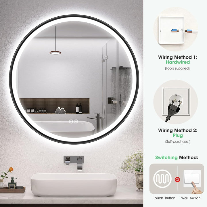 S'bagno Badspiegel mit Beleuchtung 80cm, Spiegel Rund mit Beleuchtung mit Aluminiumrahmen, Entfoggen