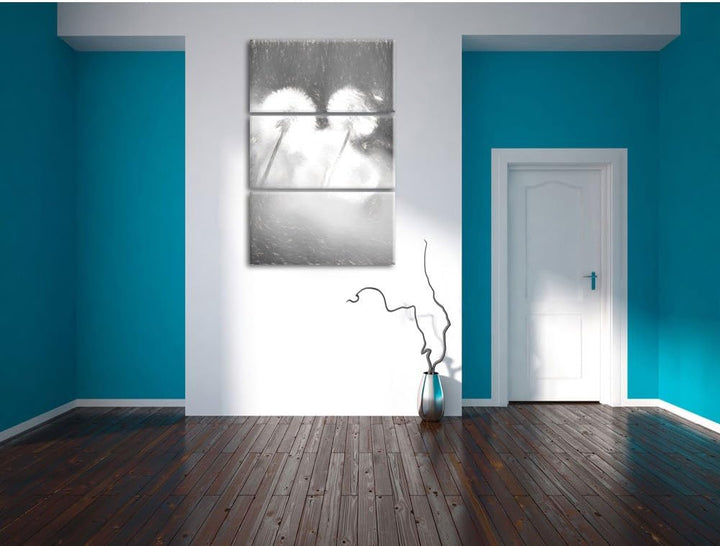 Pixxprint Pusteblumen im morgendlichen Wind Kunst Kohle Effekt 3-Teiler Leinwandbild 120x80 Bild auf