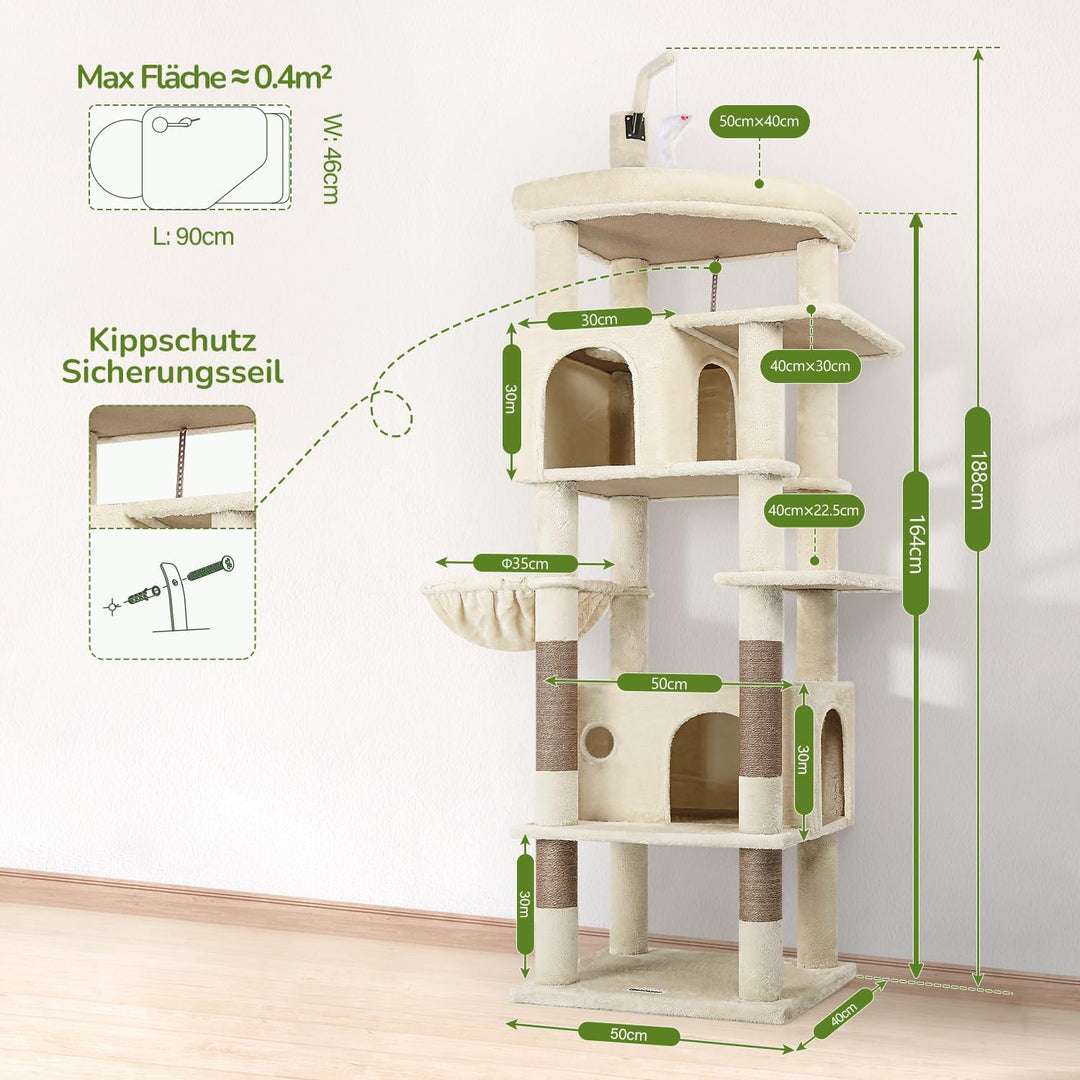 Globlazer Kratzbaum Beige Grosse hoch 188 cm mit 2 Gross Katzenhaus, Grosse Gepolsterte Plattform, W