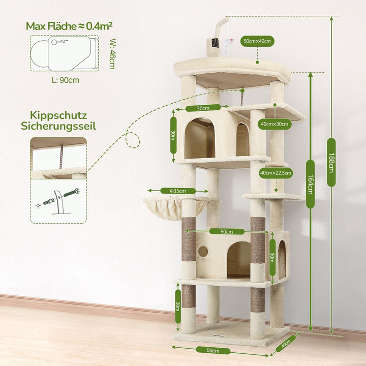 Globlazer Kratzbaum Beige Grosse hoch 188 cm mit 2 Gross Katzenhaus, Grosse Gepolsterte Plattform, W