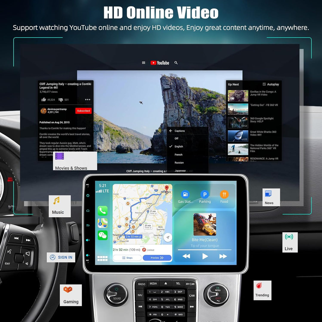 CAMECHO Autoradio mit IPS Bildschirm,10 Zoll 1 Din Apple CarPlay Android Auto Touch Screen Display,