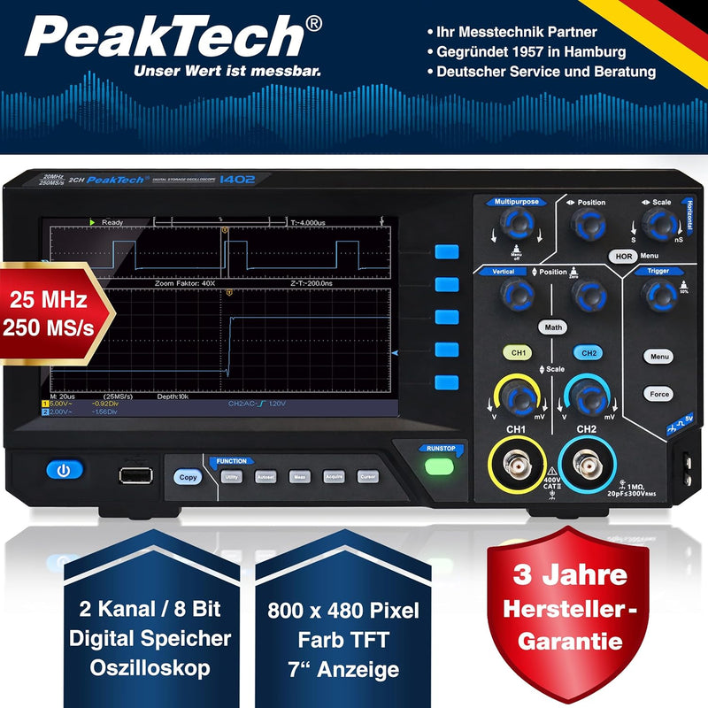 PeakTech 1402, Digital Speicher Oszilloskop, 2 Kanal, 20 MHz, 250 MS/s, USB Schnittstelle, PC Softwa