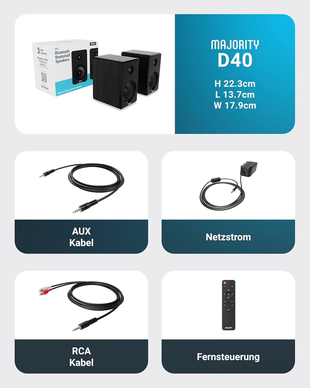 MAJORITY D40 Bluetooth Lautsprecher Boxen | 60W 2.0 Aktivlautsprecher | Studio Monitor mit 4"-Treibe