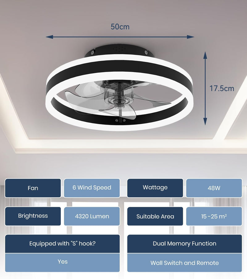 Nalezuns 50cm LED Deckenventilator mit Beleuchtung,Ventilator Deckenleuchte, 3 Farbtemperatur und 6