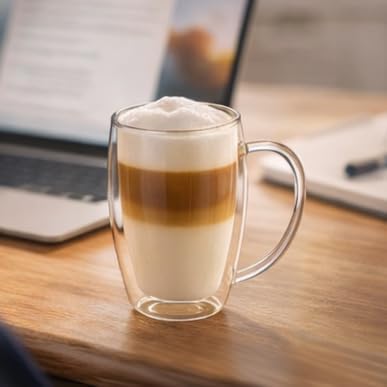Creano doppelwandiges Thermoglas mit Henkel 250ml, grosses Doppelwandglas aus Borosilikatglas, Kaffe