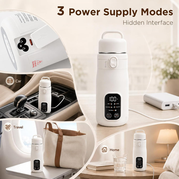 Reisewasserkocher 500ml mit 5 Temperaturen, Mini Wasserkocher 316L Edelstahl, USB/AC/12V Netzbetrieb