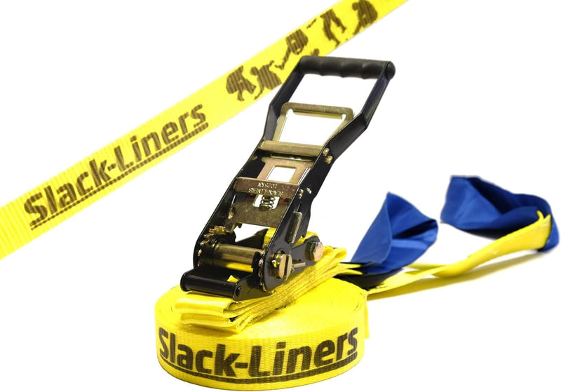 Slack-Liners Slackline Classic Line GELB - 50mm breit, 15m lang - mit Langhebelratsche Made in Germa