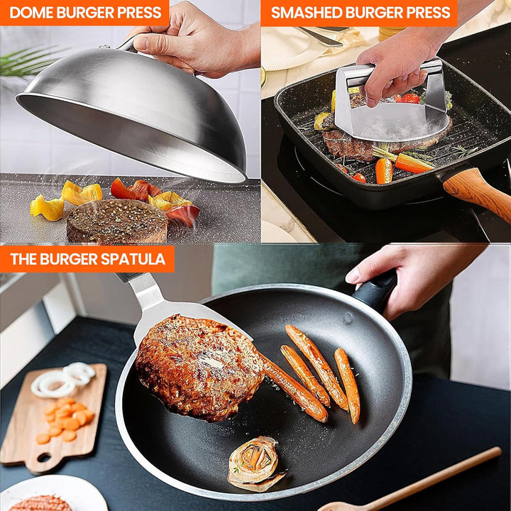 Burgerpress-Set mit Burgerzerkleinerer, 30,5 cm Smash-Burger-Spatel, 22,9 cm Käse-Schmelzkuppel und