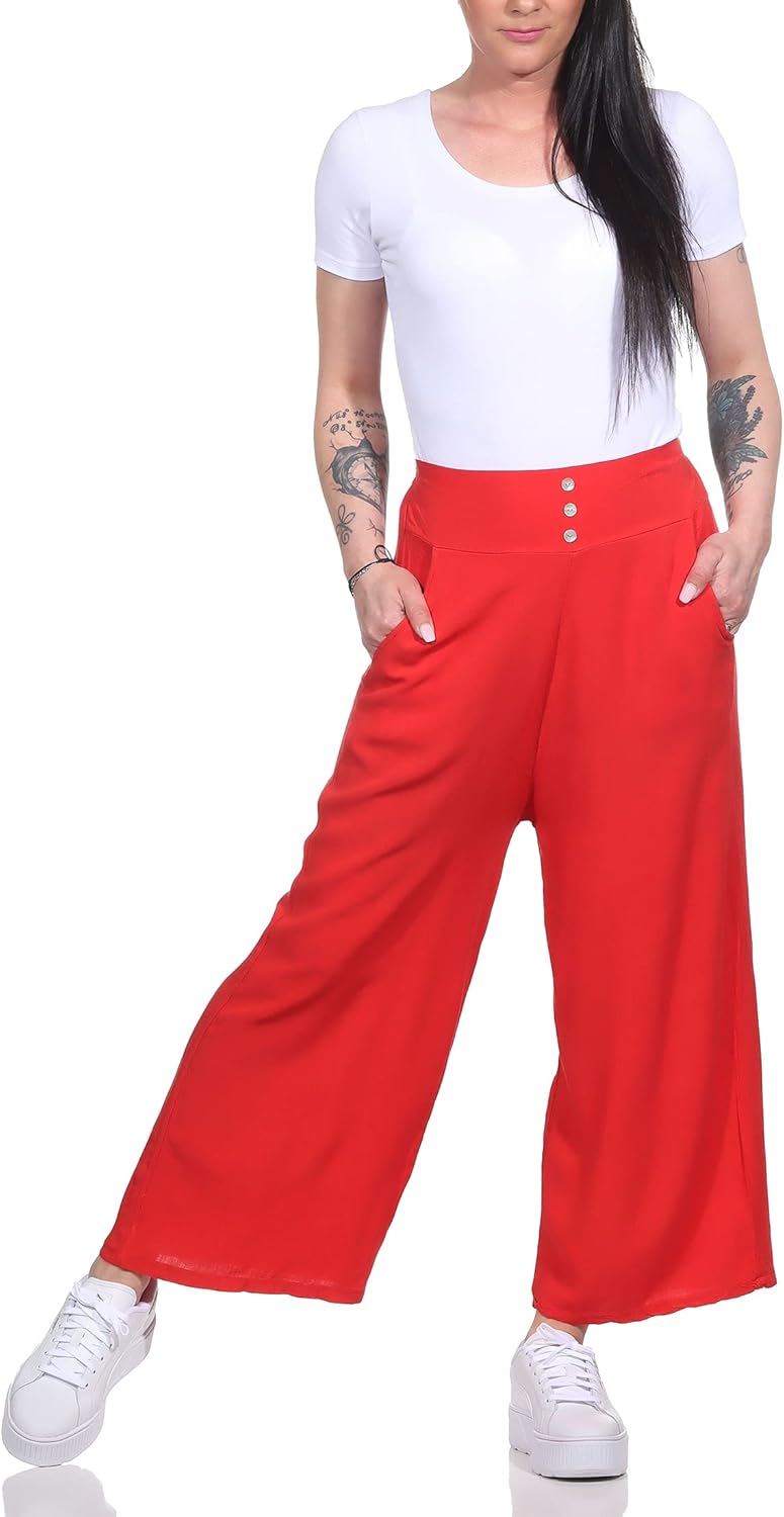 Damen Hose Marlenehose Palazzo luftige Sommerhose Boho Hippie 7/8 Schlaghose, 36-40 Rot