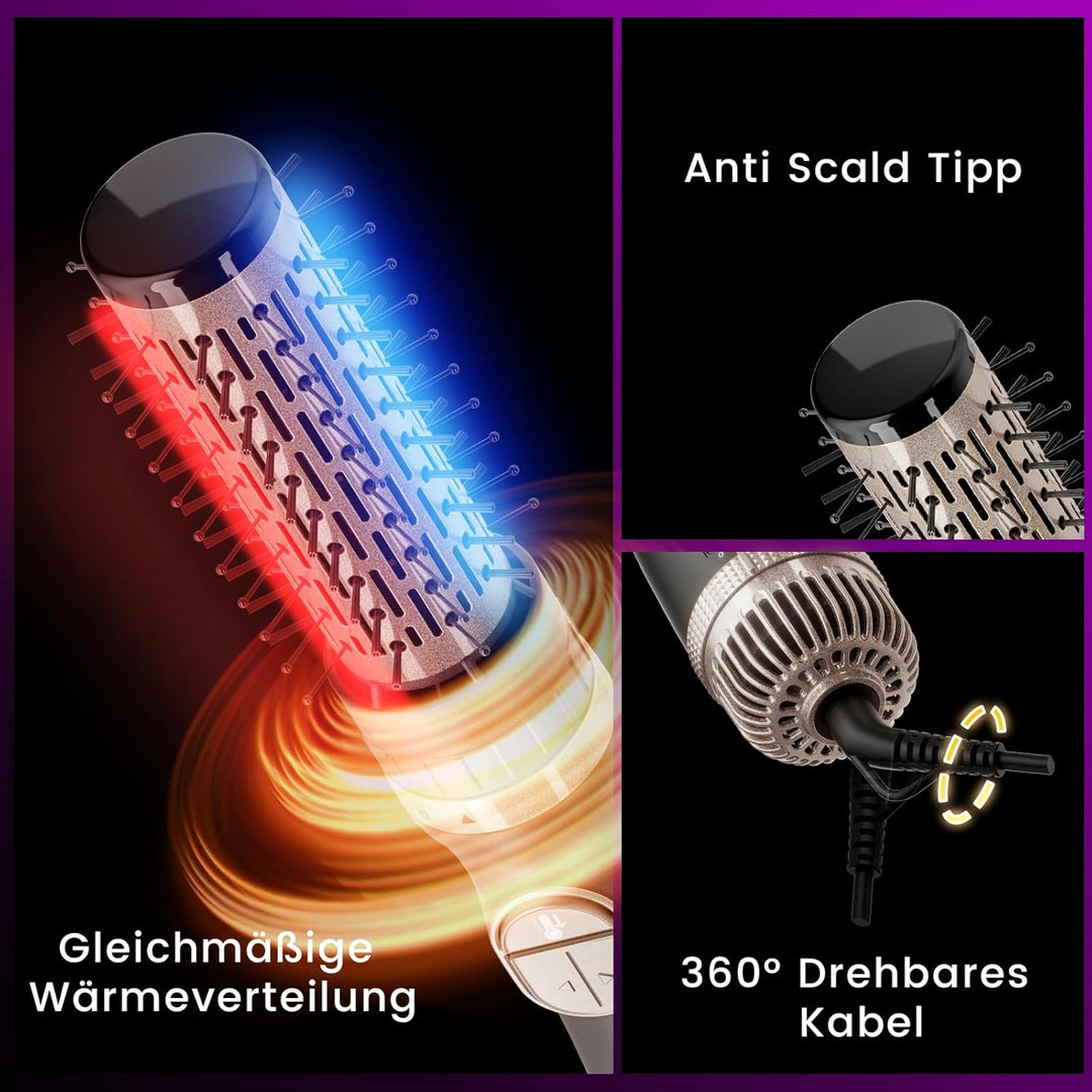 Rotierende Warmluftbürste, 3-in-1 Rundbürstenföhn mit 3 Köpfen zum Trocknen Styling Voluminierend Cu