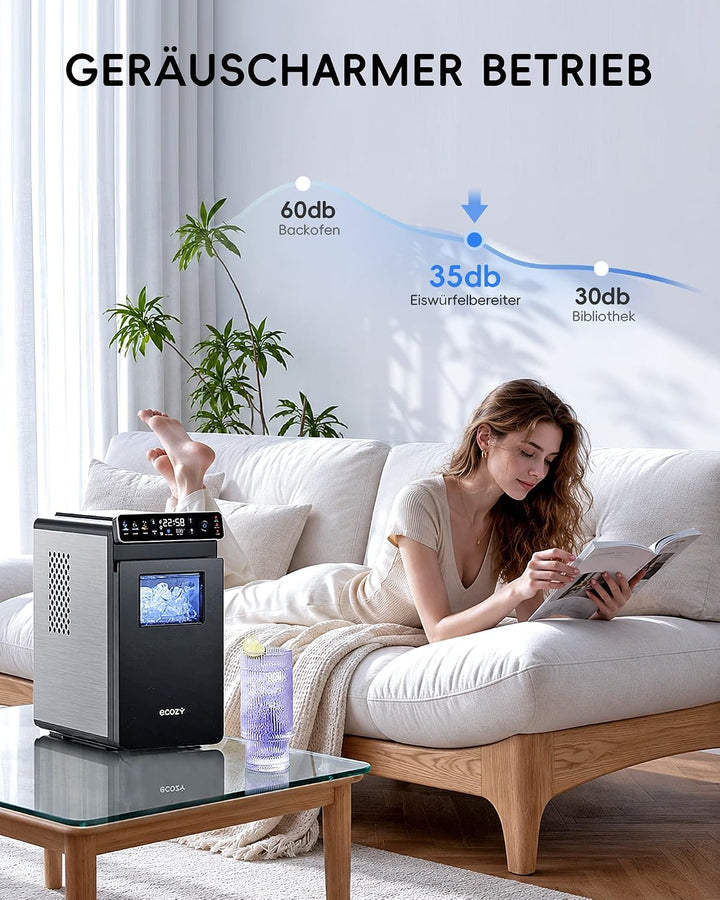 ecozy Eiswürfelmaschine Klein, Tragbar und Kompakt mit Farbdisplay, 24-Stunden-Timer, 12 KG/24H, Eis
