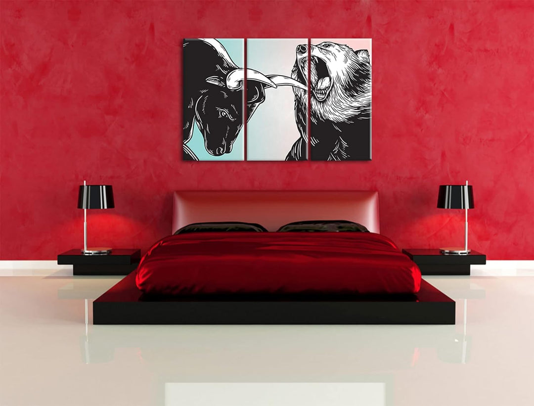 Pixxprint Bulle und Bär Aktienmarktals Leinwandbild 3 teilig | Grösse: 120x80 cm | Wandbild | Kunstd