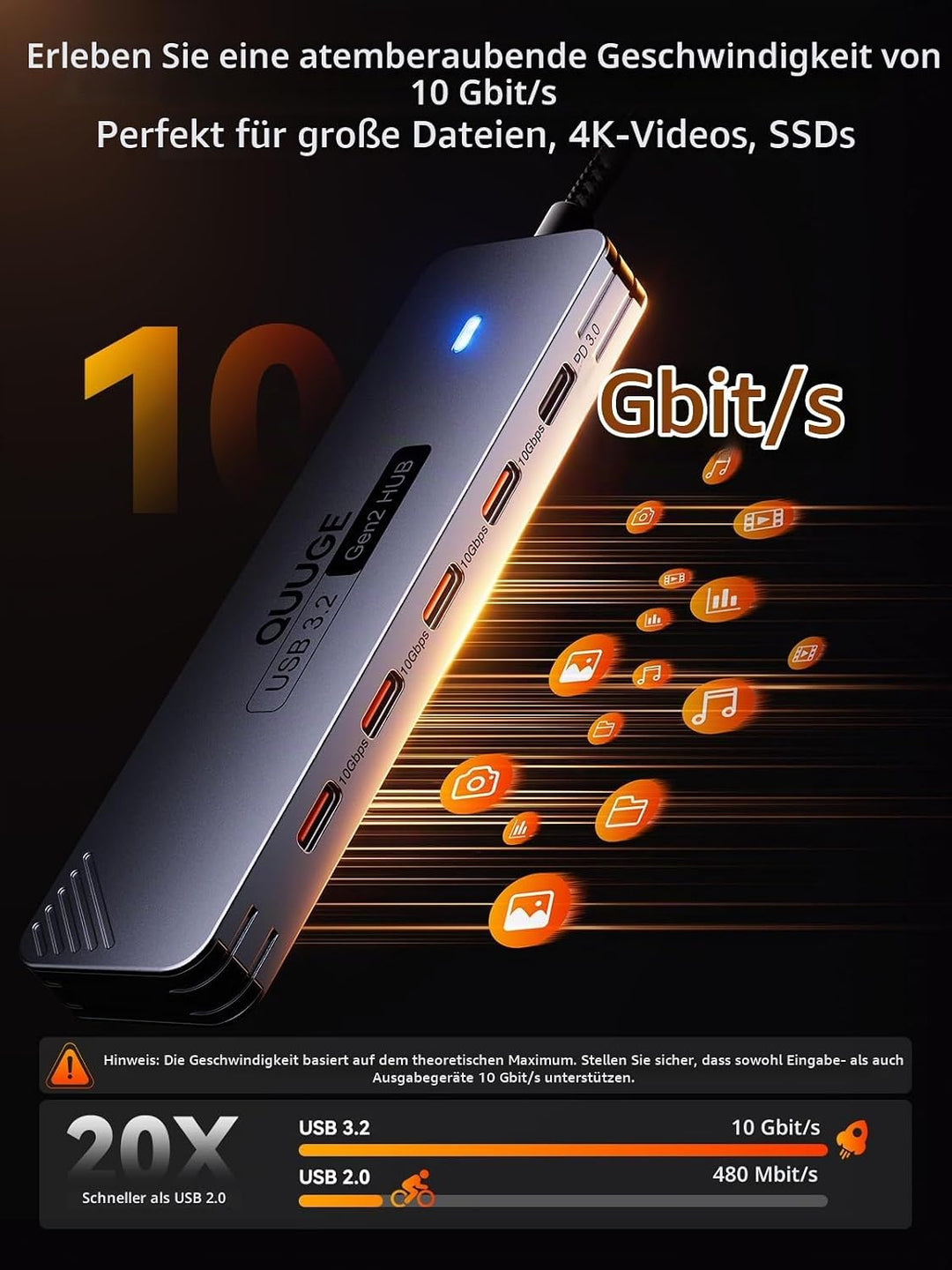 QUUGE USB C Hub 10 Gbps, PD100W, 4 USB 3.2 Datenports USB Splitter, Multiport Adapter USB Verteiler