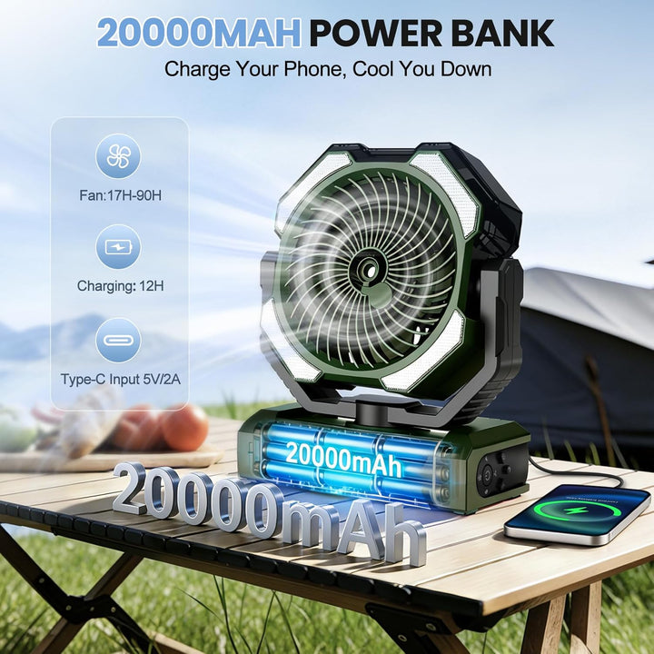 Ateroll Camping Ventilator mit Sprühkühlung，Akku 20000 mAh & Fernbedienung, 250ml Tank, LED Licht, A