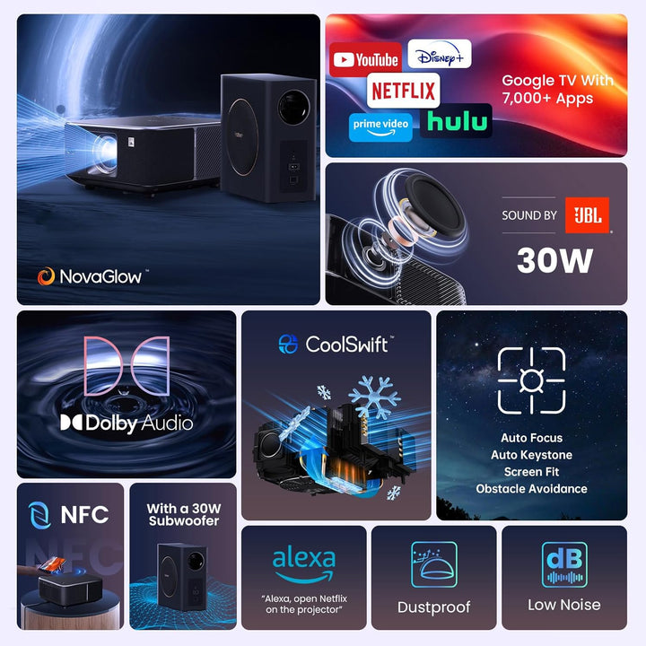 Yaber K3 Pro Projektor mit Subwoofer Set Smart Projektor mit Google TV, 30W Lautsprecher Sound von J