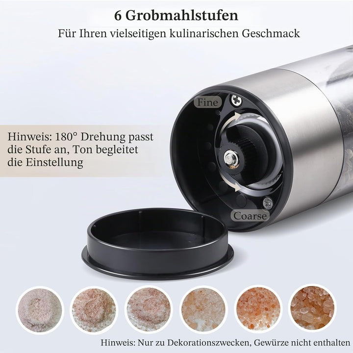 Salz und Pfeffermühle Elektrisch 2er Set, USB Wiederaufladbar, Einstellbarer Grobheit Gewürzmühle, P