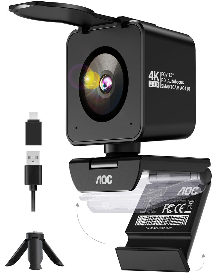 AOC UHD Webcam 4K, Webcam mit Objektivabdeckung & Dual Mikrofon, 75° Streaming Kamera mit Autofokus,