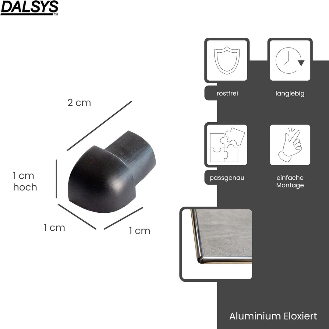 Dalsys Ausseneck für Fliesenschiene Aluminium (eloxiert) Viertelkreisprofil 10mm, 5 Stück Schwarz Fl