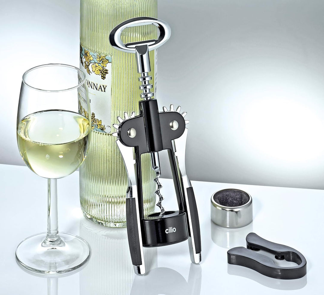 Cilio Weinset TOSCANA 3-teilig, Flügelkorkenzieher, Tropfenfänger, Folienschneider, Holzbox, Geschen