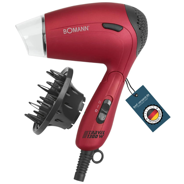 bmf-versand® Reisefön Klappbar Klein - Haartrockner Reise mit Diffusor Fön - Roter Haarfön 1200 Watt