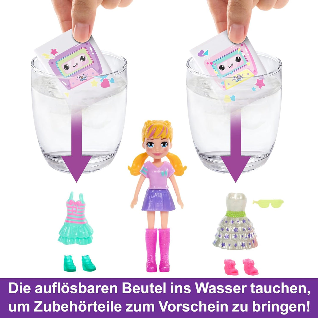 Polly Pocket-Puppe und Spielset, Diskoparty Fashion Reveal, Reisespielzeug zum Auspacken mit ca. 7 c