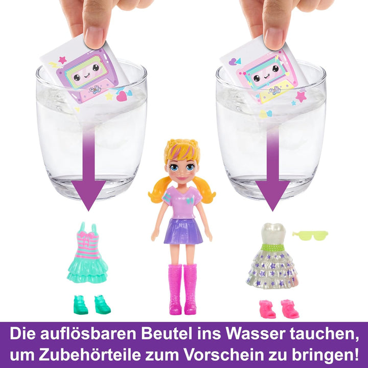 Polly Pocket-Puppe und Spielset, Diskoparty Fashion Reveal, Reisespielzeug zum Auspacken mit ca. 7 c