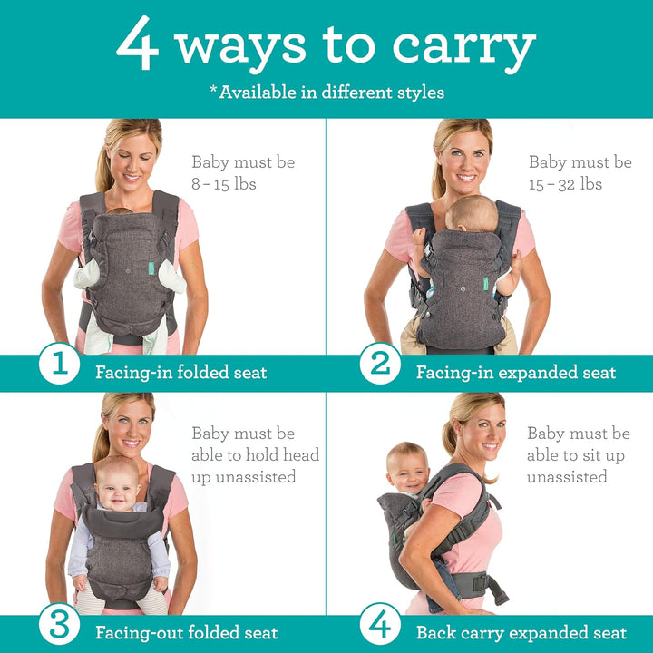 Infantino Babytrage Flip Advanced 4-in-1, Ergonomische und Umwandelbare Babytrage, Trage für Front u