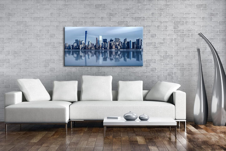 Küste von New York Panorama 120x60 cm als Leinwandbild, Motiv fertig gerahmt auf Echtholzrahmen, Hoc