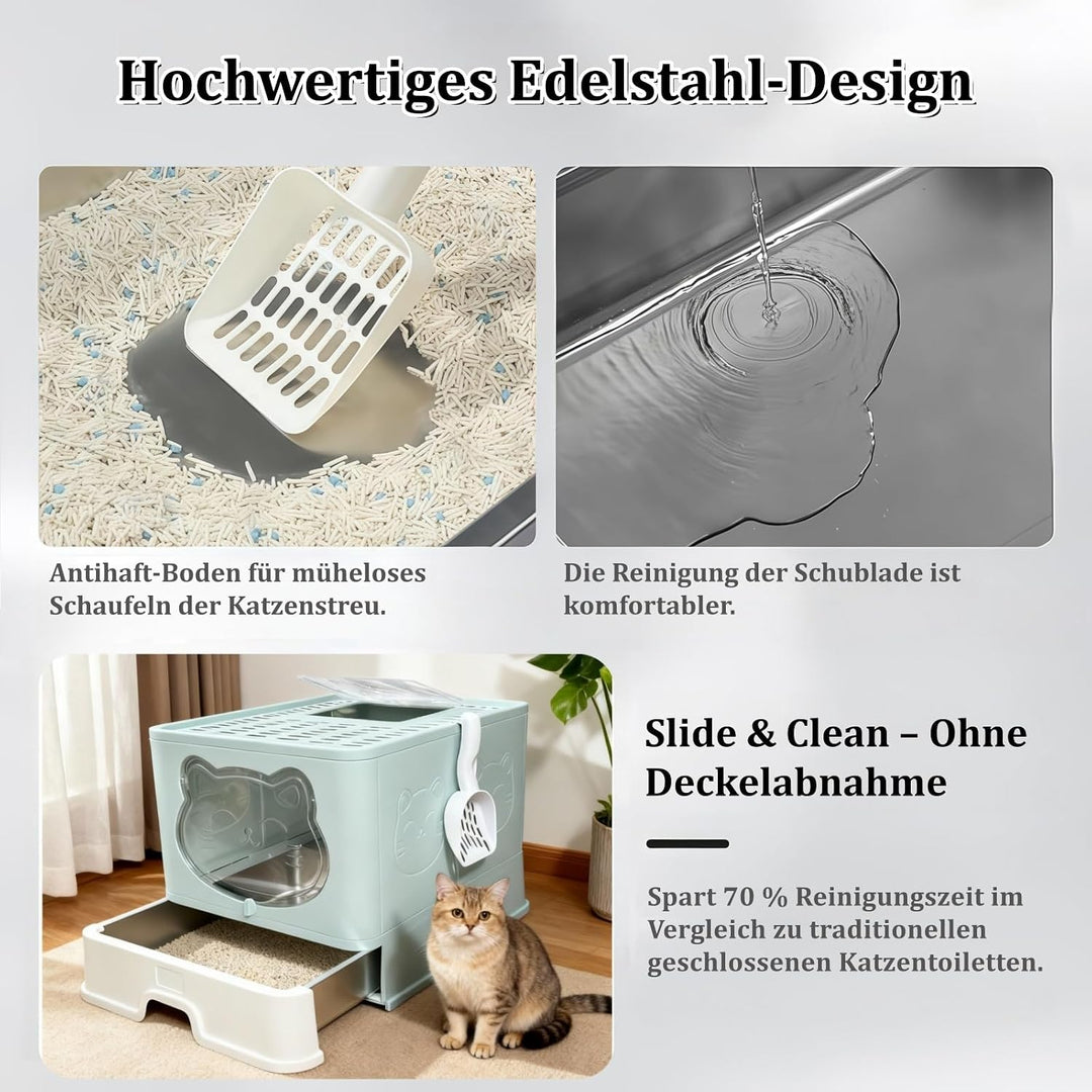 Geschlossenes Katzenklo mit Dach/Deckel & rostfreier Edelstahl-Schublade - Katzentoilette mit Aktivk