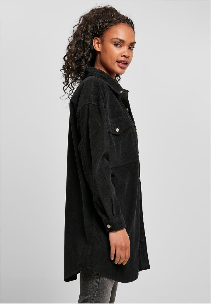 Urban Classics Damen Overshirt-Jacke lange Kord Hemdjacke mit zwei Brusttaschen & Jackentaschen, Grö