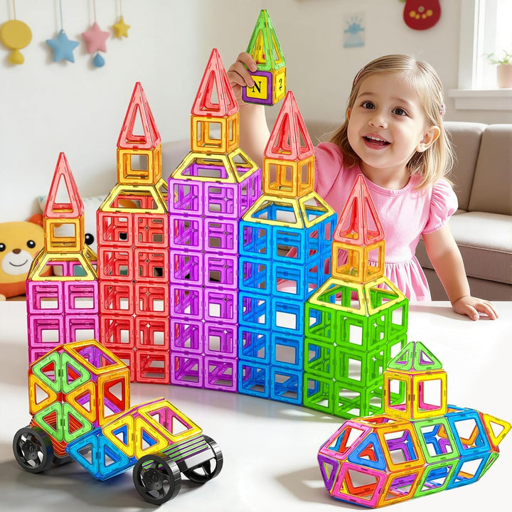 WOOBLO Magnetische Bausteine für Kinder, 136 Teile Magnetspiel Magnetbausteine Bausatz, STEM Montess