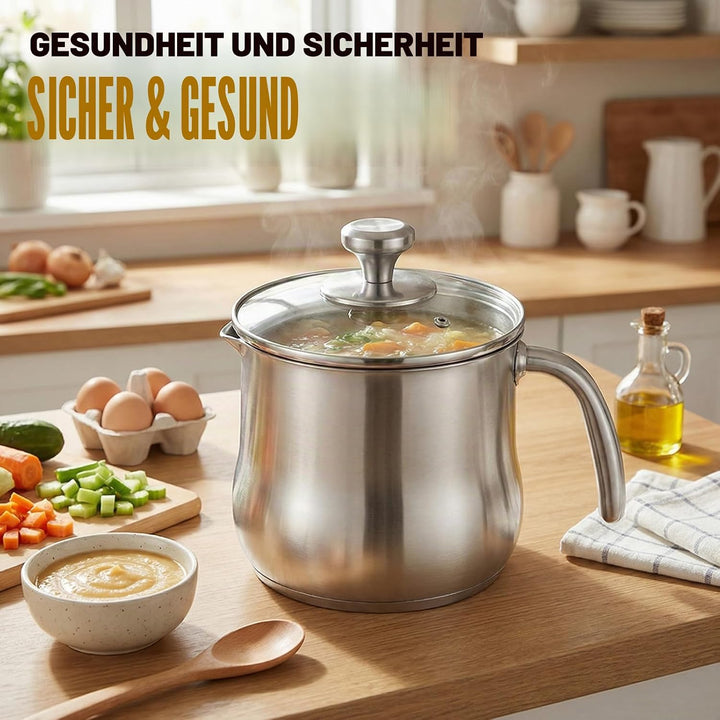 2L Milchtopf Edelstahl mit Glasdeckel und Ausgiesser, Kochtopf Induktion mit Griff, Simmertopf Puddi