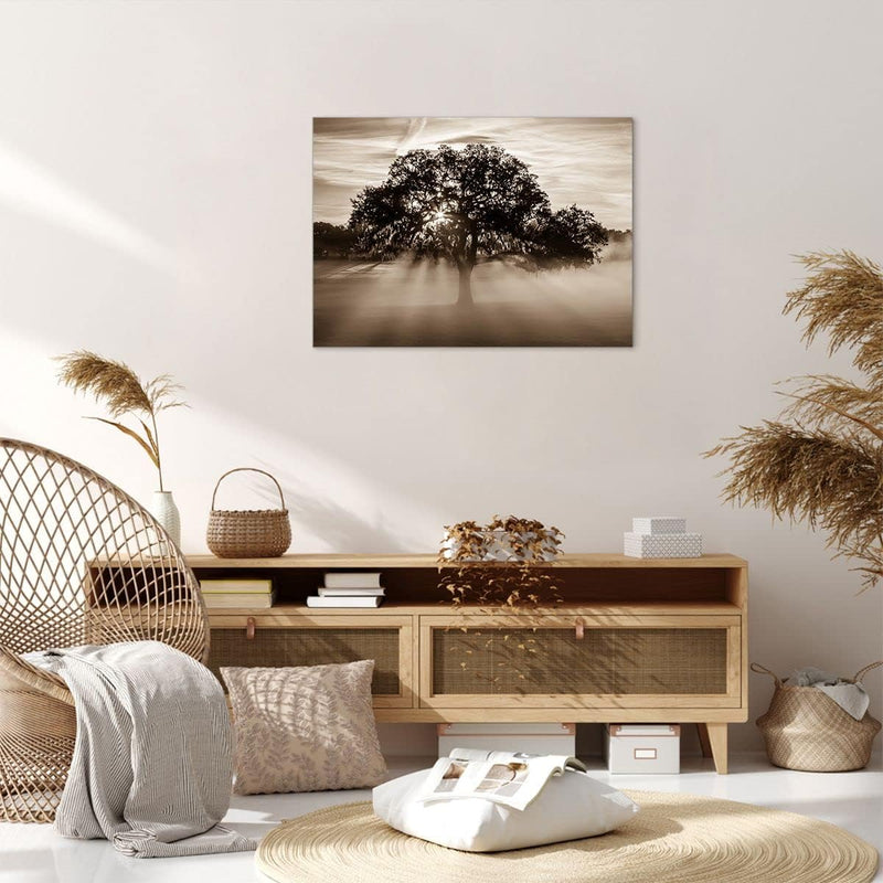 Bilder auf Leinwand Baum Feld Natur Leinwandbild mit Rahmen 70x50cm Wandbilder Dekoration Wohnzimmer