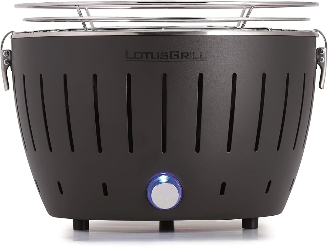 LotusGrill S Small Kompakt Starter-Set Anthrazitgrau der raucharme Holzkohlegrill mit 2,5 kg Buchenh