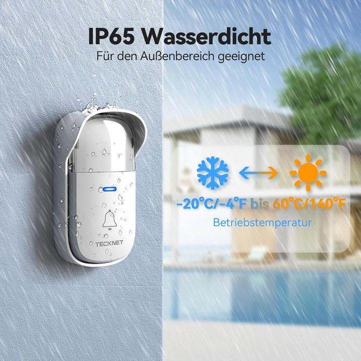 TECKNET Funkklingel Batterielose, IP65 Funkklingel aussen Wasserdicht, Haustürklingel mit Plug-In-Em