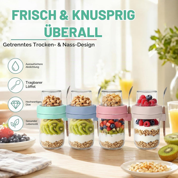 4er Set Müslibecher to Go mit Löffel, 480ml+120ml Overnight Oats Gläser, Joghurtbecher to go mit Dop