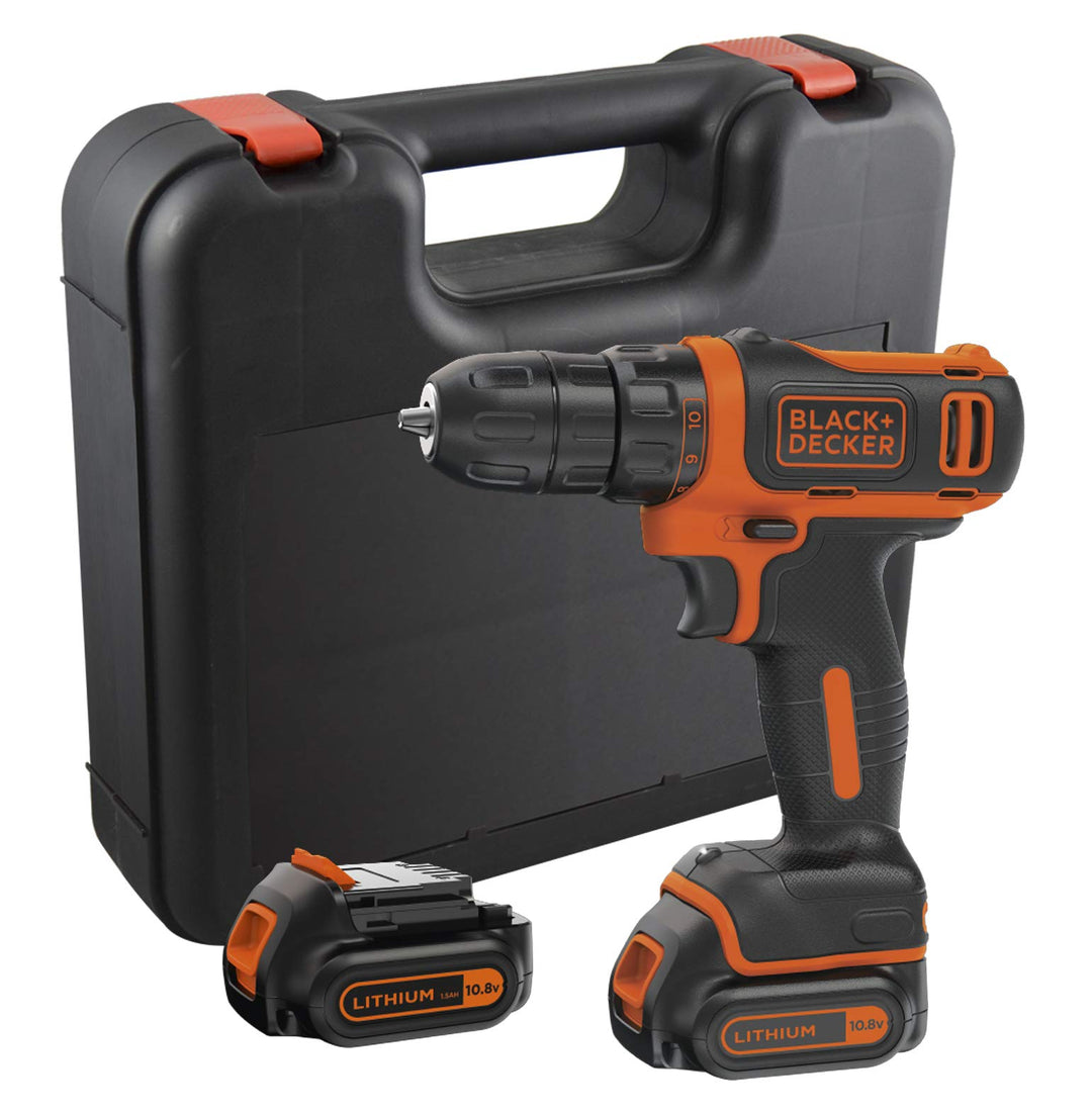 Black+Decker Kompakt-Bohrer (10,8V Li-Ion Akku-Bohrschrauber, LED-Arbeitslicht, Softgriff, 10 mm Sch