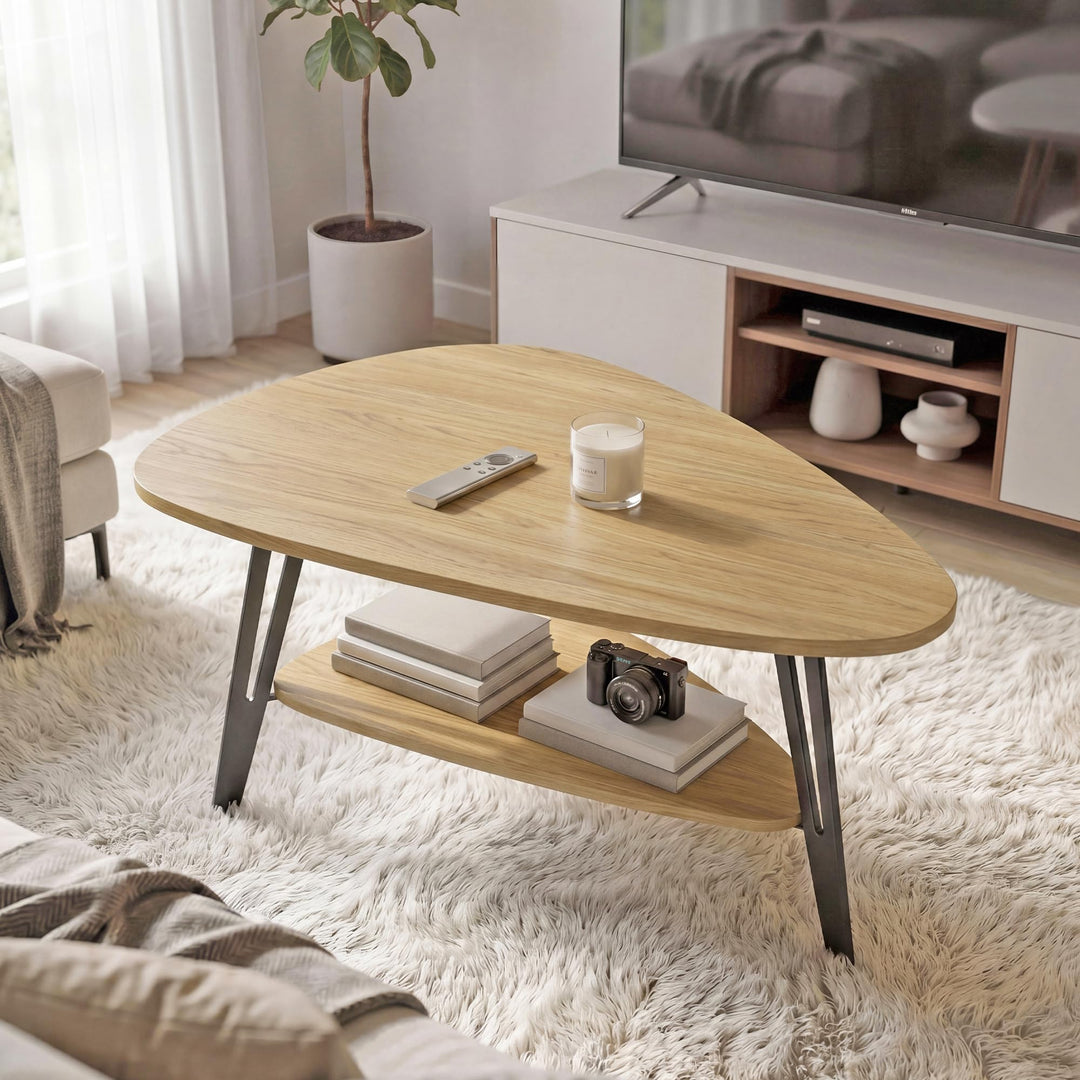 Manora Couchtisch oval Holz mit Ablagefach & Metallbeinen - Moderner Wohnzimmertisch Kaffeetisch Sof