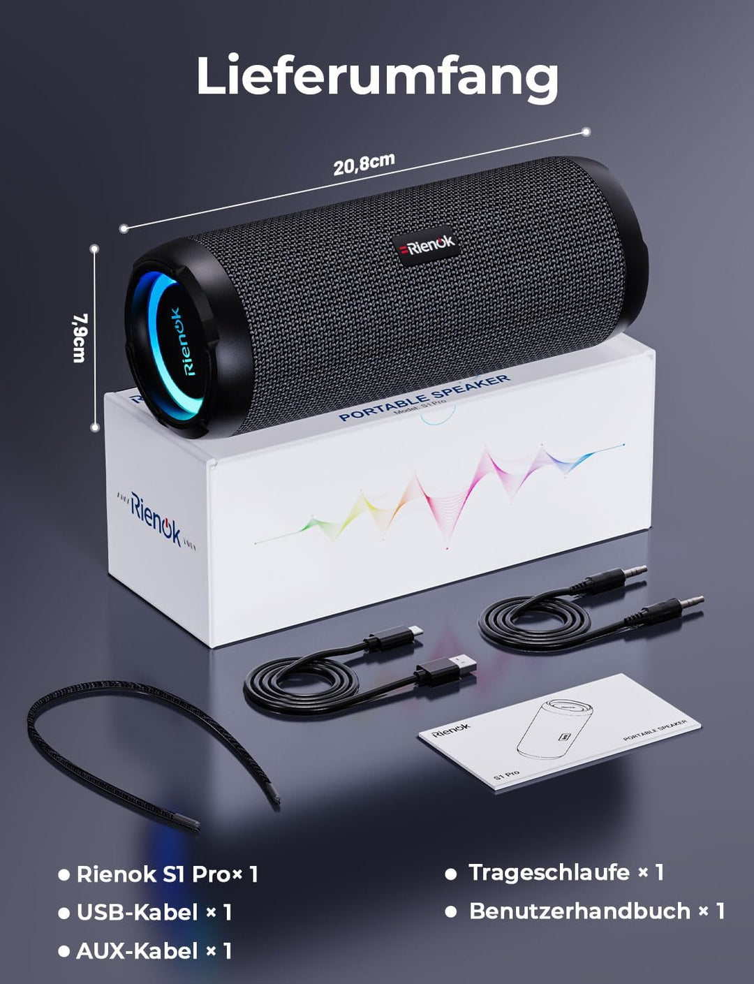 RIENOK Bluetooth Lautsprecher, Musikbox mit EQ 5.3 Bluetooth Box, IPX7 Lautsprecher RGB Licht Bass m