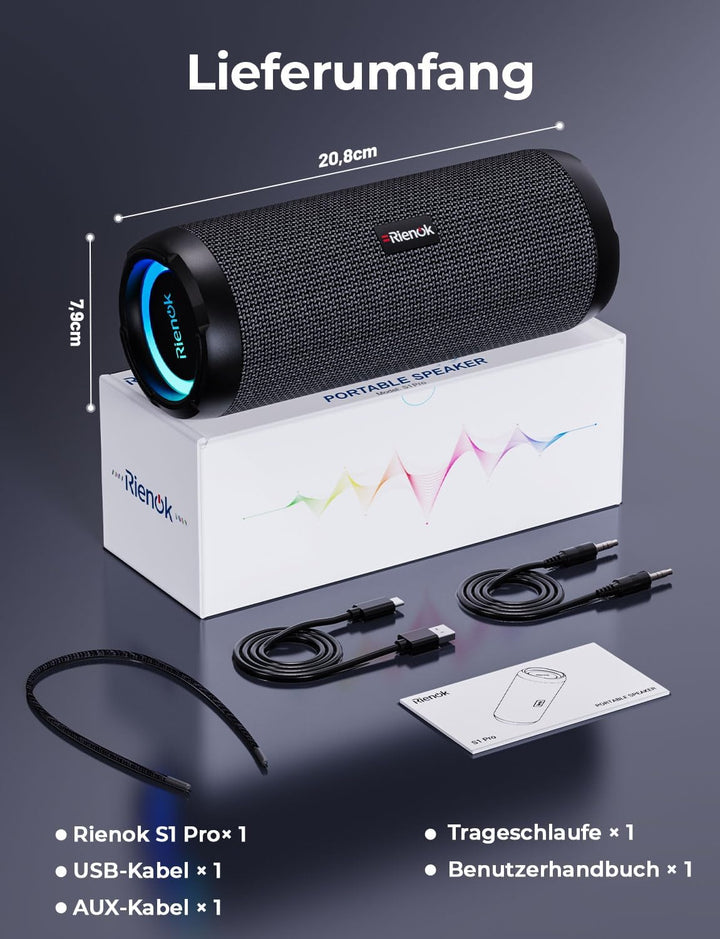 RIENOK Bluetooth Lautsprecher, Musikbox mit EQ 5.3 Bluetooth Box, IPX7 Lautsprecher RGB Licht Bass m