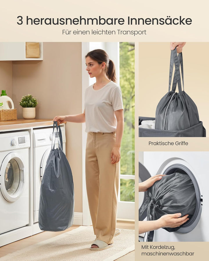 SONGMICS Wäschekorb mit 3 Fächern, 160 L, mit Deckel, 5 Etiketten, herausnehmbarer und waschbarer In