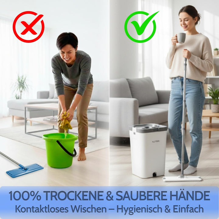 Allyson® Wischmopp Set mit Eimer, 3 Kammer System, inkl. 15 Mopptücher | Integrierter Haarentferner,
