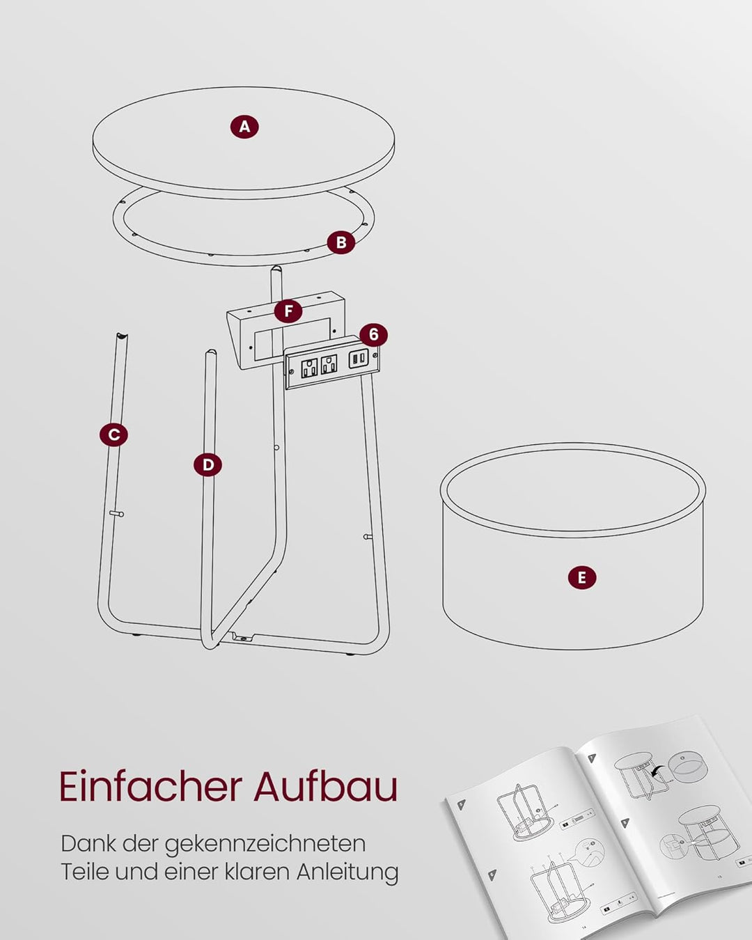 VASAGLE Beistelltisch rund, Kleiner Tisch, Couchtisch mit Steckdose, Wohnzimmertisch, Korb aus Stoff