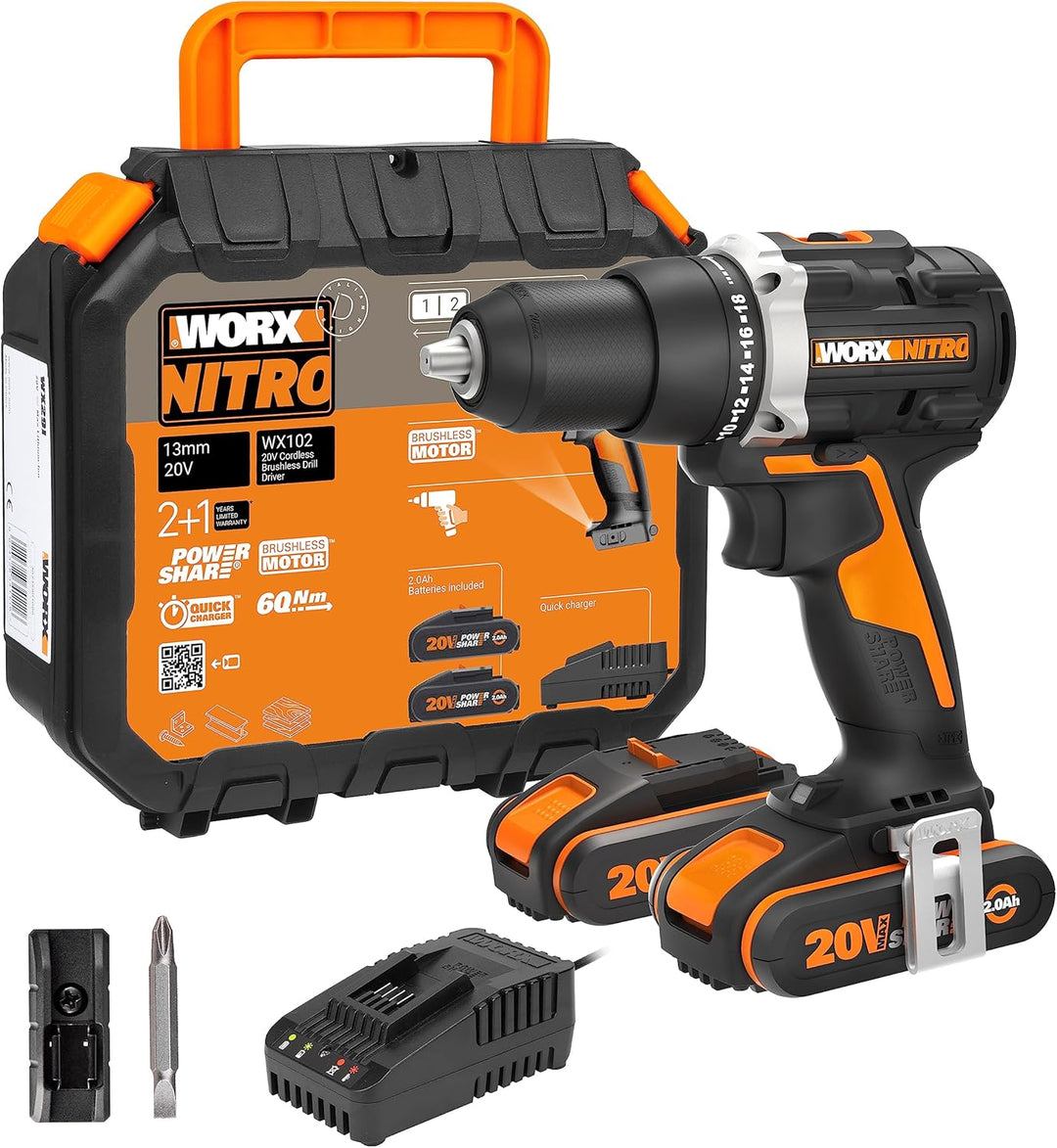 WORX WX102 NITRO Akku Bohrschrauber 20V - bürstenloser Akkuschrauber - 2-Gang-Getriebe und LED-Licht